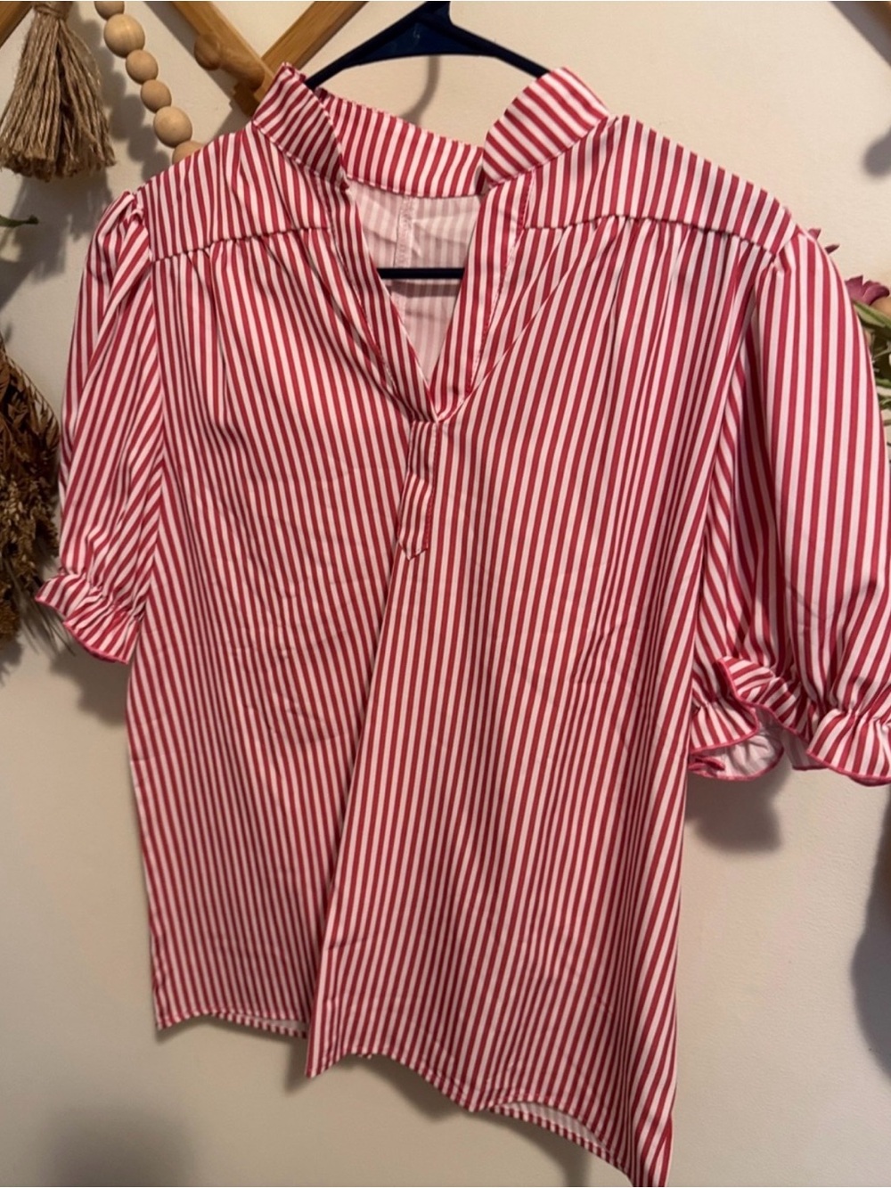 SHEIN Red and White Vertical Stripe Puff Sleeve Blouse